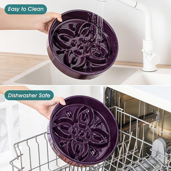 vancasso Ceramic Slow Feeder Dog Bowls, Puzzle Dog Food Bowls with Floral Maze, Anti -Slip Pet Food Dish for Large Breed, 3 Cups, Purple