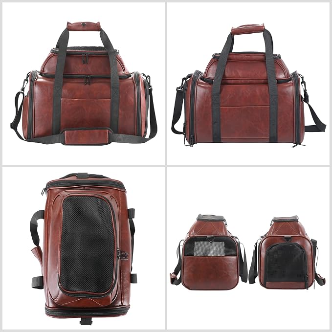 Premium Leather Top Expandable Pet Carrier for Small Dogs & Cats Under 15 lbs, Airline Approved Collapsible Soft-Sided Luxury Travel Bag Coffee