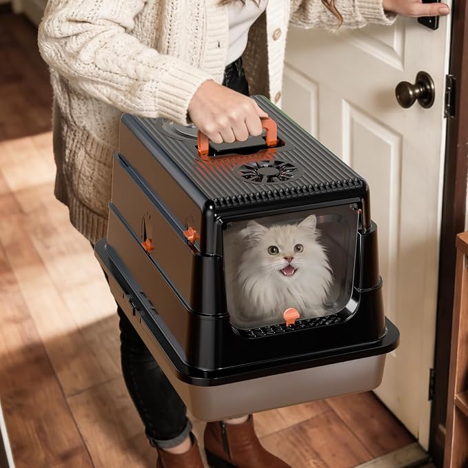 Stainless Steel Cat Litter Box with Lid, Enclosed Extra Large Metal | Litter Pan for Big Cats, Full Flip Cover High Sided Litter Box Include Scoop, Easy Cleaning, Non-Stick, Black