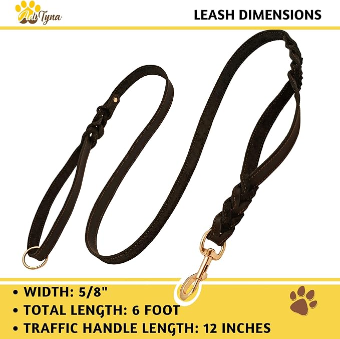ADITYNA Leather Dog Leash with Traffic Handle, 6ft, Medium & Small Dogs | Heavy-duty braided leather leash, 5/8" width x 6ft, Double handle for extra control, ideal for training & busy sidewalks.