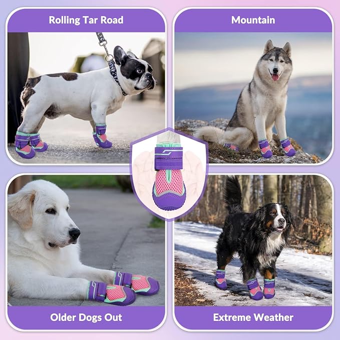 SlowTon Dog Shoes for Large Small Medium Dogs - Breathable Dog Boots for Summer Hot Pavement, Paw Protector for Outdoor Walking Winter Snow, Anti-Slip Rubber Dog Booties for Hardwood Floor (Pink, 3)