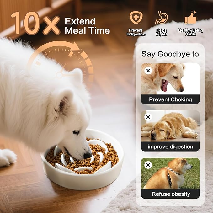 8.25'' Ceramic Slow Feeder Dog Bowls - Petal Shape Modern Dog Food Dish for Medium and Large Breeds, Puzzle Maze Bowl to Slow Down Eating, Anti-Gulping, Dishwasher & Microwave Safe, White