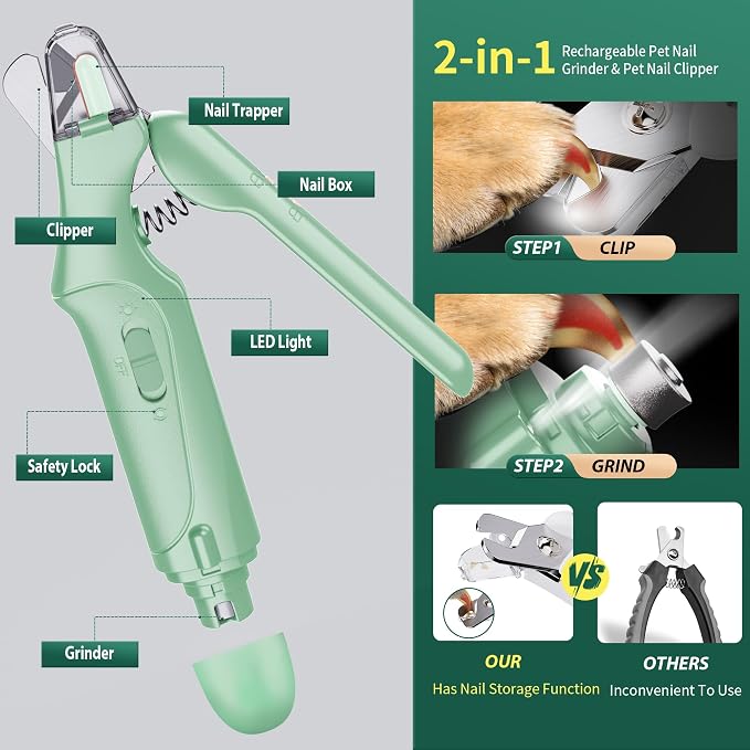 2 in 1 Dog Nail Clippers & Cat Nail Clippers Trimmers for Large Medium Small Dogs Cats Claw Trimmer Quick Sensor and Safety Guard USB Rechargeable Dogs Nail Trimmer with Catcher & 2 LED Lights
