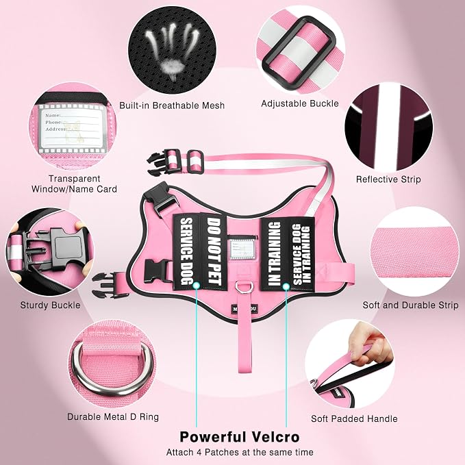 Service Dog Vest Harness and Leash Set+10 Patches,No Pull&Easy Walk Reflective Dog Harness with Soft Padded Handle for Training/Everyday,Fit Small/Medium/Large/Extra-Large Dogs (Pink L) | No Pull&Adjustable Reflective Dog Harness Large Sized,Dog Leash ...