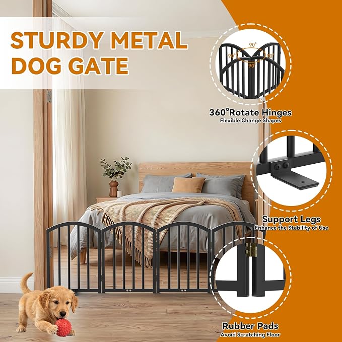 SNUOWU 16 Inch Full Metal Freestanding Short Dog Gate for Small Dogs, Foldable 4-Panel Pet Barrier, Expands Up to 48" Wide, Indoor Safety Fence for Doorway, Home & Stairs, Black