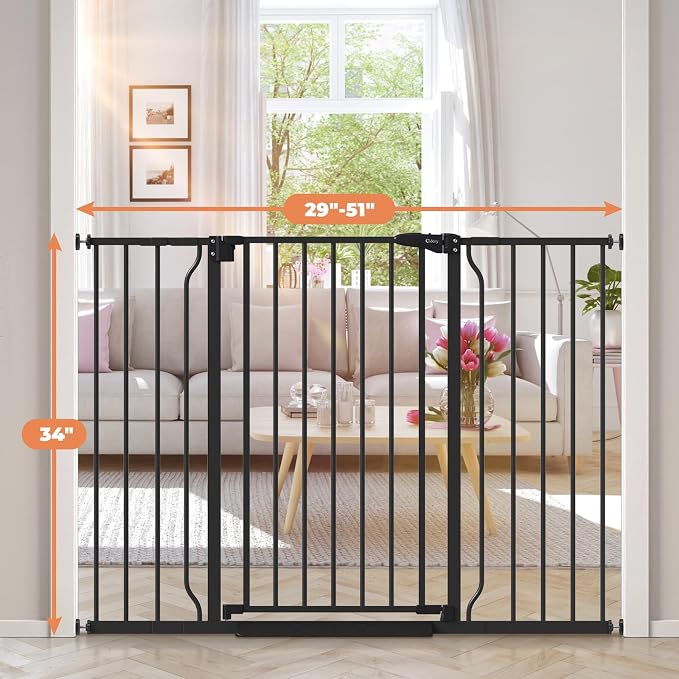 34" Tall Baby Gate No Drilling, Auto Close Dog Gate Indoor, Black | for Doorways & Stairs, Pressure Mounted 29"-51" Extra Wide Pet Gate, Easy Walk Through Gate for Baby & Pet Stroller Friendly