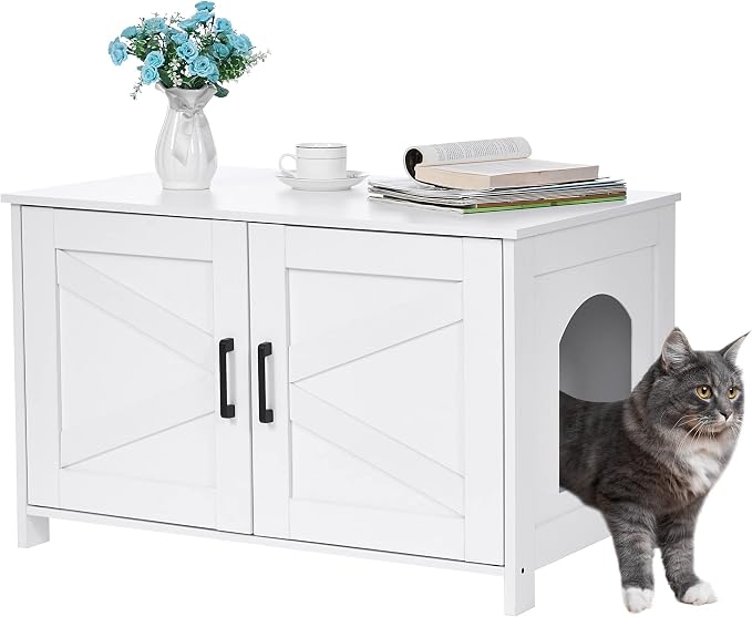 Homhedy 31.5" L Cat Litter Box Enclosure with Barn Door, White | Wooden Cat Washroom Furniture, Cat House, Pet Storage Cabinet, Dog-Proof, Fit Most of Litter Box, Farmhouse Style