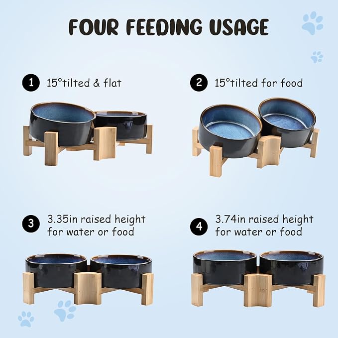 SPUNKYJUNKY 15° Slanted Ceramic Dog and Cat Bowl with Wooden Stand, Tilted Bulldog Food and Water Bowl No Slip Non-Spill for Cats Medium Dogs Big Face Pets 13.5 OZ (1.7 Cups, Starry Blue × 2)