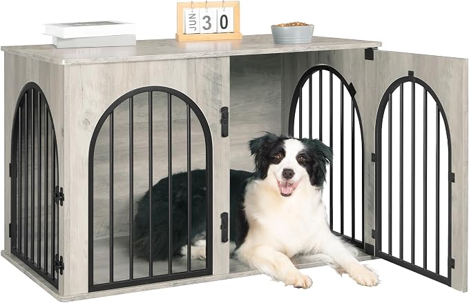 Hzuaneri 39.4" Wooden Dog Crate Furniture, Indoor Dog Kennel Dogs Cage for Small/Medium/Large Dogs, Heavy Duty Dog Crates Decorative Pet House End Side Table TV Stand, Greige Black DFC84105B | Arch Door, Modern Dog Box Indoor for Dogs, Side Table, Dog ...