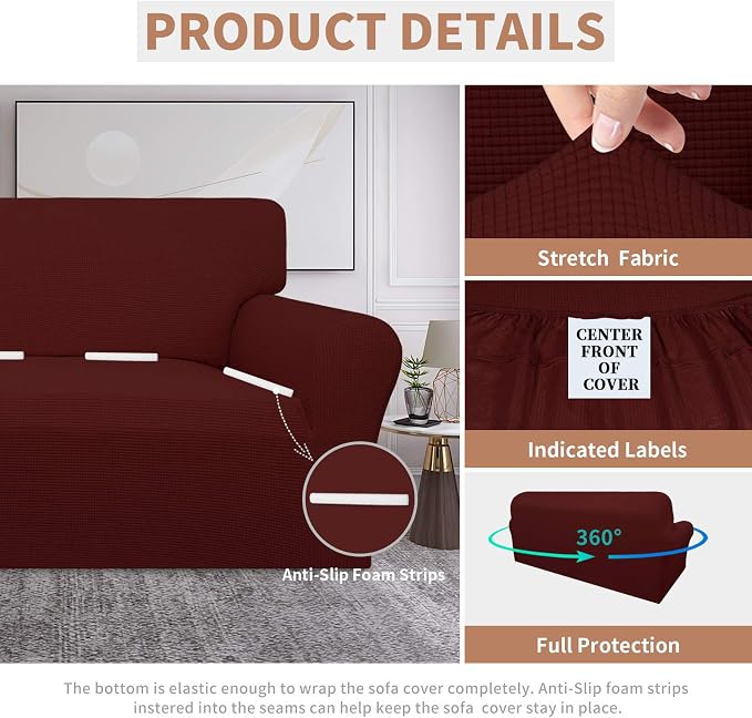 Easy-Going 100% Waterproof Couch Cover, 3 Cushion Couch Slipcover for Sofa | Leakproof Sofa Cover, Stretch Jacquard Furniture Protector Against Stain Spill from Kids, Pets, Dog (Sofa, Wine)