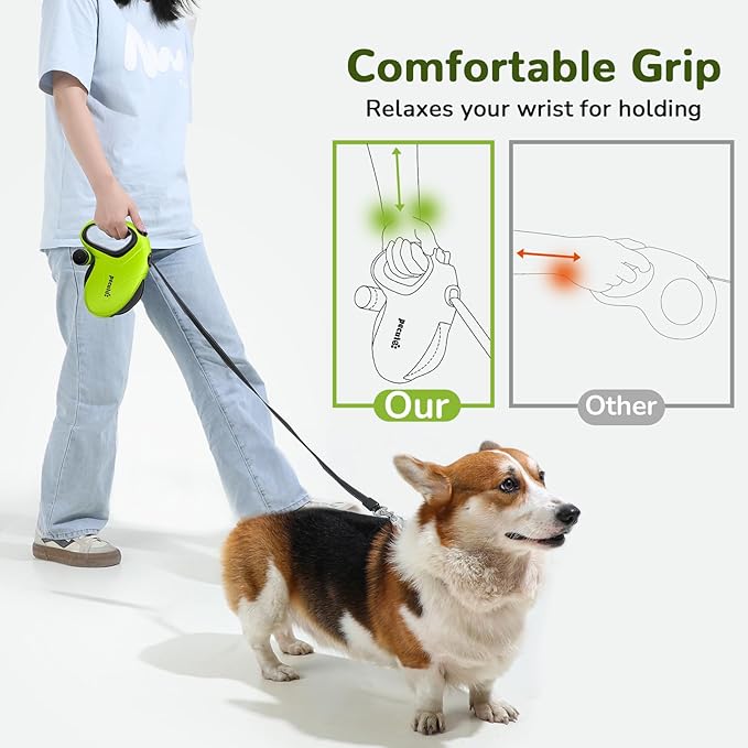 Pecute 32ft Retractable Dog Leash with Reflective Strips, 360° Tangle-Free, One-Button Control & Sturdiness Nylon Material, Long Leash Retractable with Poop Bag Holder for Small Medium Dog