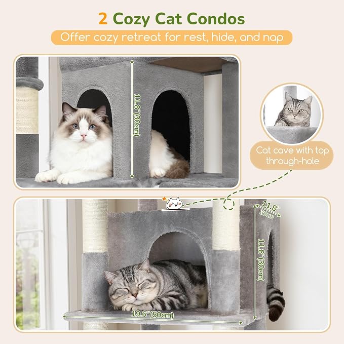 Globlazer Extra Large Cat Tree Tower 80in XXL Tall Cat Tree for Multiple Indoor Cats Large Adult Kittens with Scratching Posts, 2 Widened Perches, Adjustable Baskets, 2 Cozy Condos, S80G, Light Grey