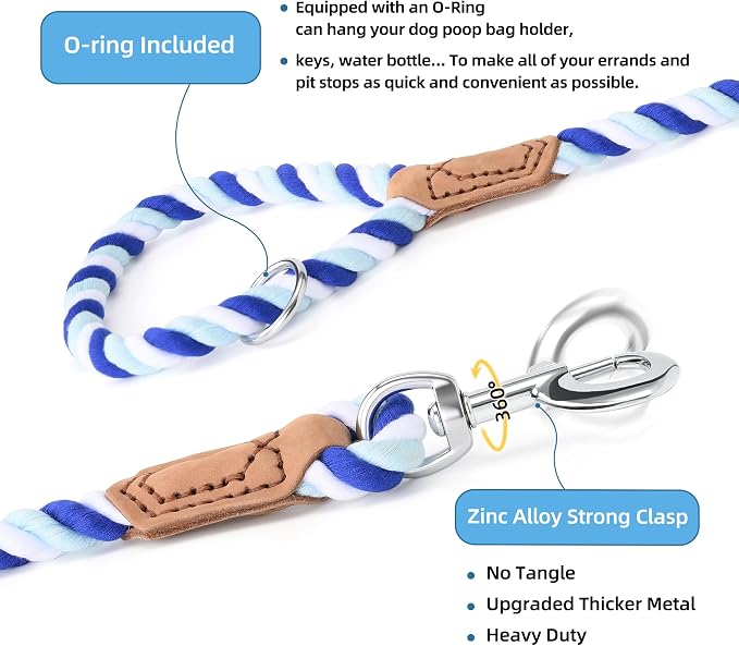 Mile High Life Rainbow Dog Leash Braided Cotton Rope w Leather-Wrapped Ends | Rust-proof 360° swivel clasp, Heavy-duty for medium/large breeds. Great for weddings, daily walks (6FT, 1/2", Blue Gradient)