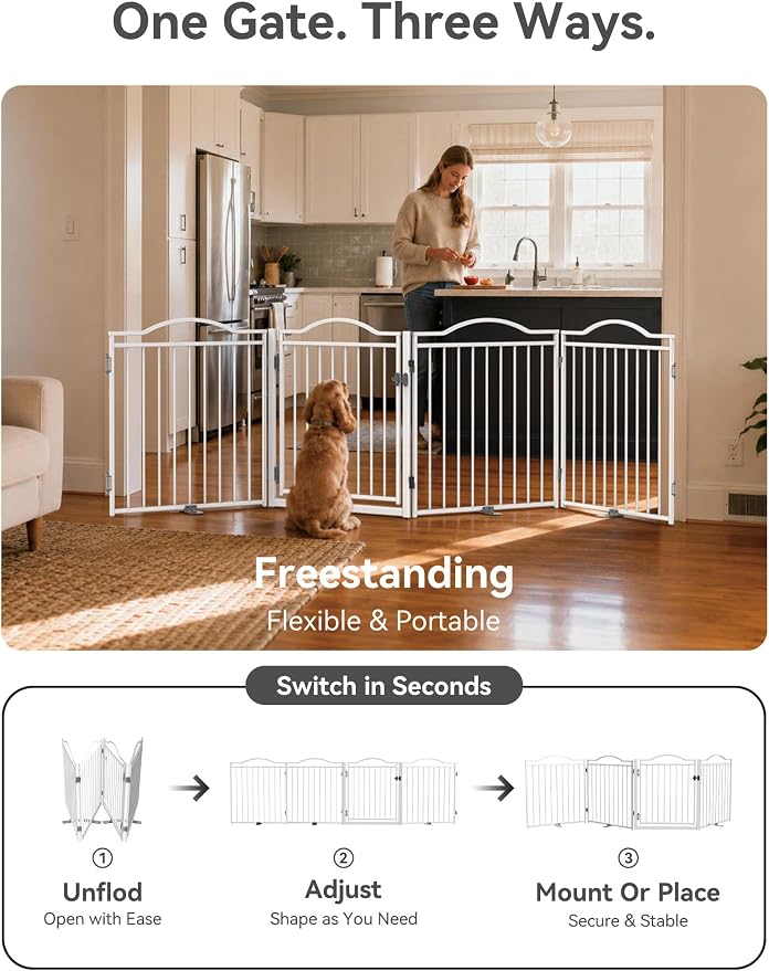 No Pawblems Full Metal Free Standing Dog Gate with Door, 30'' Tall | Foldable Freestanding Pet Gate for Indoor & Outdoor, Up to 104 Inch Extra Wide Dog Fence for Doorways, Stairs, Deck - White
