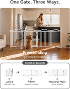 No Pawblems Full Metal Free Standing Dog Gate with Door, 30'' Tall | Foldable Freestanding Pet Gate for Indoor & Outdoor, Up to 104 Inch Extra Wide Dog Fence for Doorways, Stairs, Deck - White