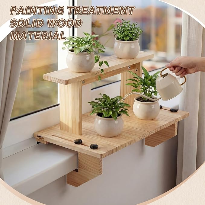 Double-layer Window Sill Extender Plant Shelf, 20+21 Inch Detachable Adjustable Window Sill Extender Shelf Stand for Plants Cat Perch, Renter Friendly No Drilling/Damage (Natural Wood Color)