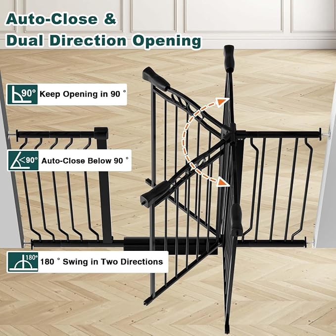 Fairy Baby 29.5"-33.5" Baby Gate for Doorways, Dog Gate for Stairs No Drill, Pressure Mounted Safety Pet Barrier with Arch Design, Auto Close Tension Metal Baby Gate with Door Indoor Outdoor, Black