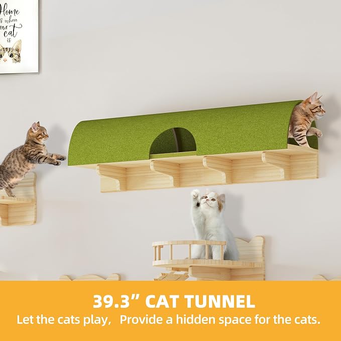 Cat Shelves for Wall, 18-in-1 Cat Wall Furniture w/Tunnel & Bridge | Multi-Level Floating Cat Shelves for Space Saving, Solid Wood Cat Climbing System with Scratching Posts, Condos, Burlywood