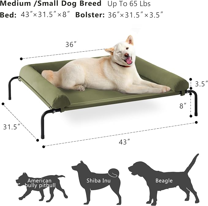Cooling Elevated Dog Bed for Large Dogs, Outdoor Raised Dog Beds Portable Dogs Cot Bed W/Breathable Mesh, Pet Cots W/Removable Waterproof Bolster