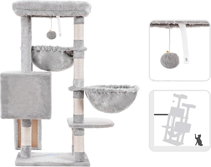Hey-brother Cat Tree Tower with Large Bed, Hammocks, Scratcher, MPJ006SW | 35.4 Inches Cat House with Cozy Condo, Sisal Scratching Posts for Indoor Cats, Light Gray