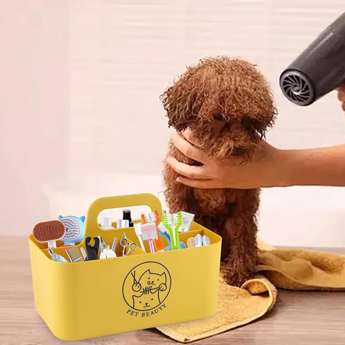 Dog Storage Organizer for Grooming Supplies,Portable Caddy Organizer for Pet Stuff,Divided Storage Bin for Dog Cat Grooming Kit,Dog Stuff Organizer with Handle for Shampoo,Clipper,Comb-Yeloow