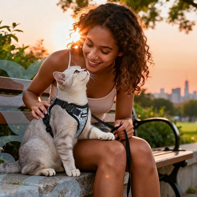 rabbitgoo Cat Harness and Leash Set, Escape Proof Vest, Doodle Gray | Soft Breathable Mesh, Easy Adjustable Fit, Snap Buckles, Sturdy Clip, Reflective Strips, for Average Cats Walks, S