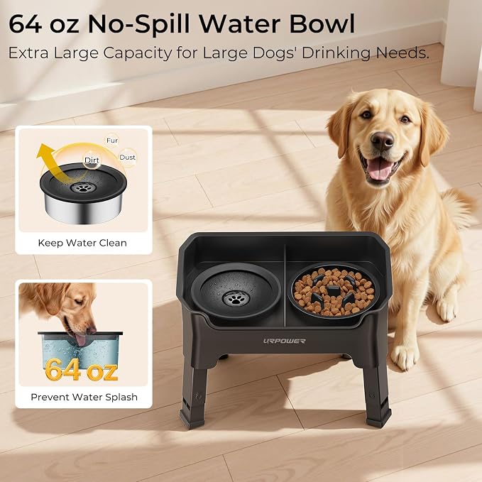 URPOWER Mess Proof Elevated Dog Bowls 4 Height Adjustable Raised Stand | No Spill Water Bowl, Slow Feeder Dog Bowls, Non-Slip Food and Water Bowl Set for Small, Medium & Large Dogs