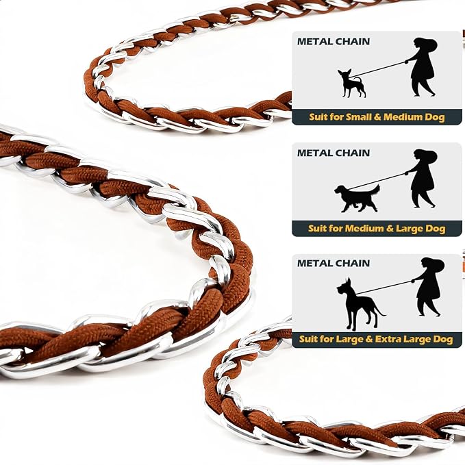 S-ETOVUS-Chain Dog Leash, Bite-Proof Metal Leash, with Padded Handle | Three Sizes 7.25FT/5.2FT/4FT, Woven From Nylon Rope And Chain, Durable And Bite-Resistant, Comfortable With Padded Handles.