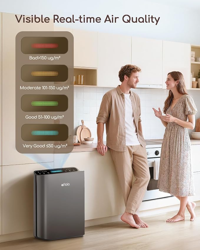 Afloia Air Purifier for Home & Bedroom, 2,000 ft², PM2.5 Monitor | Europa 2.0 Grey features a PM2.5 Air Quality Monitor, Smart Auto Mode, and a washable pre-filter for large homes.