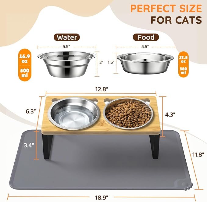 Elevated Cat Food Bowls with Mat, 2 Stainless Steel Raised Cat Food and Water Bowls, 15 Tilted Stand Anti Vomitting, Whisker Fatigue, Dishwasher Safe Cat Bowl