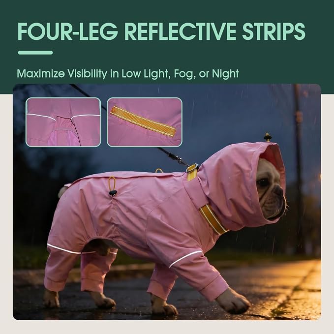 Kouser Waterproof Full-Body Coverage Dog Raincoat, Pink M | Dog Raincoat with Reflective Stripes, Adjustable Dog Rain Jacket with Leash D-Ring, Hooded Poncho for Small Medium Large Dogs