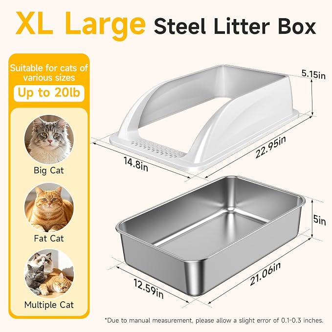 XL Open Top Stainless Steel Litter Box with High Sides,Light Gray | Extra Large Metal Cat Litter Pan , XL Litter Box, Non-Stick Easy Clean Anti-Leak Kitty Litter Pan, Odor Control, Open Top