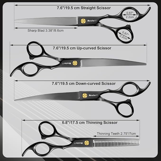 Wenshall Professional Dog Grooming Scissors Set, 7.0 Inch Titanium Straight & Thinning & Curved scissors and Comb for Dog grooming (Black)