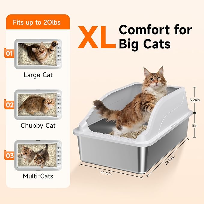 2PACK Stainless Steel Cat Litter Boxes XL Large Metal Pan Include Scoop | High Sides Lid Odor Free Easy Cleaning Anti-Scratch Anti-Urine Leakage Non-Sticky