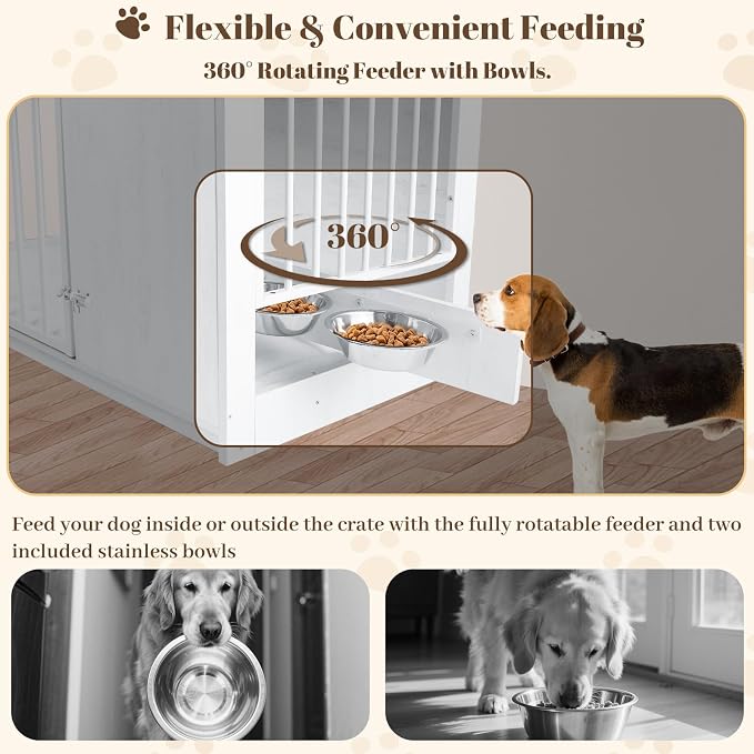 TBWIND 36" Dog Crate Furniture End Table for Medium Dogs, White | Furniture-Style Dog Crate with 270° Rotating Door, 360° Feeding Station, Dual Latch Locks & Soft Cushion