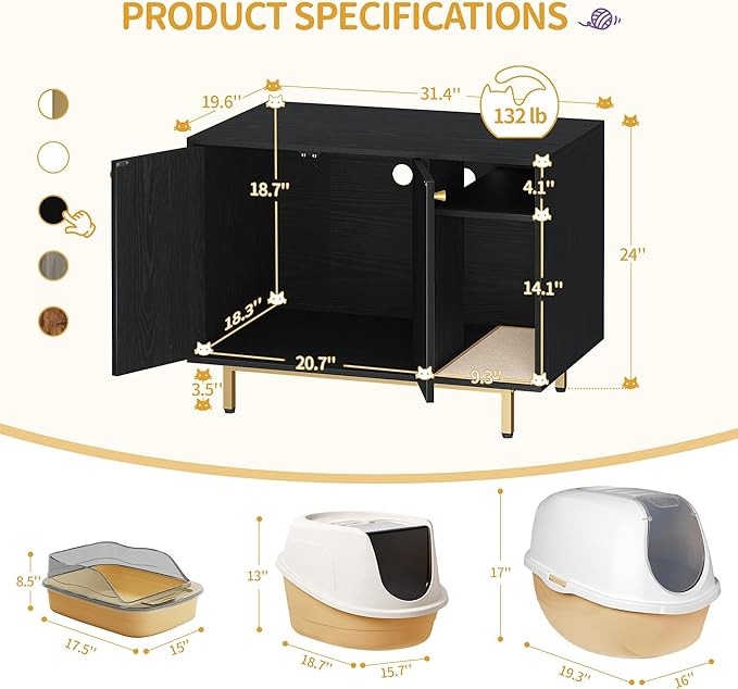 Hzuaneri Cat Litter Box Enclosure, Hidden Litter Box Furniture with Storage | Large Wooden Cabinet with Sisal Mat, Modern Cat Washroom for Living Room, Bedroom, Entryway, Black and Gold CB01504G