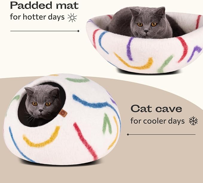 MEOWFIA Cat Cave – Premium Felt Cat Bed Enclosure for Indoor Cats, Handmade Merino Wool (Ivory Rainbow, Medium)