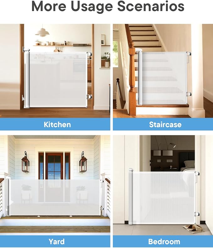 Extra Wide Retractable Baby Gate 71" Wide Fits Large Opening White | Extra Long Mesh Baby & Pet Gate with Anti-Crawling Hook, Safety Lock, No Bottom Bar for Hallway, Open Spaces & Indoor/Outdoor