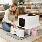 RIZZARI Covered Litter Box for Indoor Cats: Pink, Drawer, Easy Clean | Built-In Deodorizer Spray / Spacious for Large Cats / Stainless Anti-Odor / Pull-Out Drawer / Includes Scoop & Mat