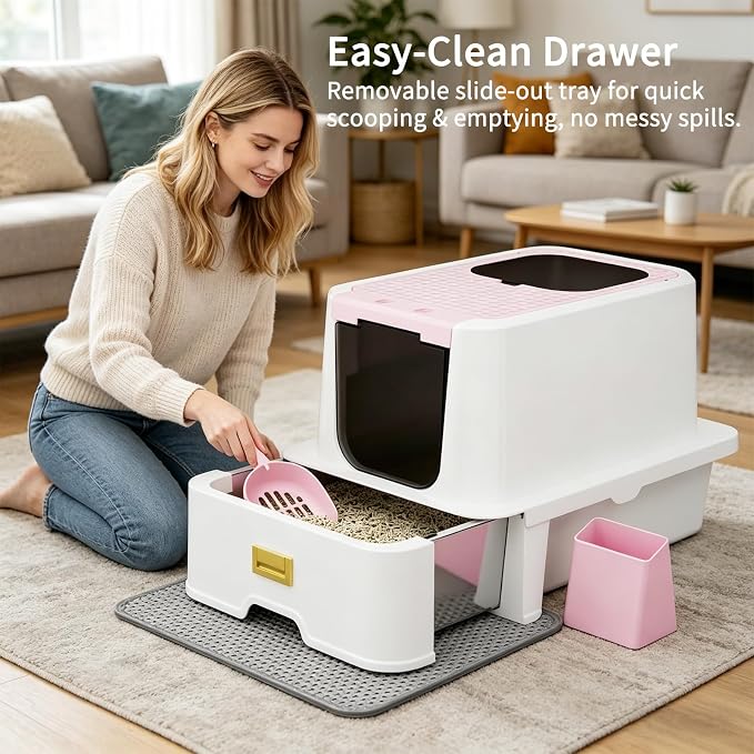 RIZZARI Covered Litter Box for Indoor Cats: Pink, Drawer, Easy Clean | Built-In Deodorizer Spray / Spacious for Large Cats / Stainless Anti-Odor / Pull-Out Drawer / Includes Scoop & Mat