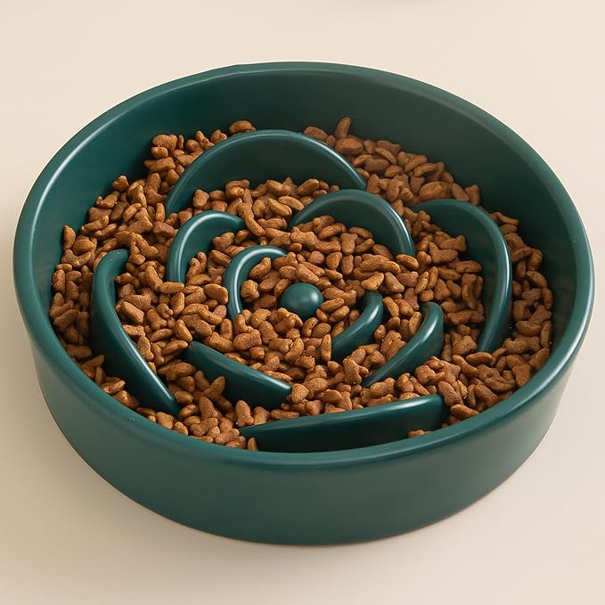 8.25'' Ceramic Slow Feeder Dog Bowls - Petal Shape Modern Dog Food Dish for Medium and Large Breeds, Puzzle Maze Bowl to Slow Down Eating, Anti-Gulping, Dishwasher & Microwave Safe, Green