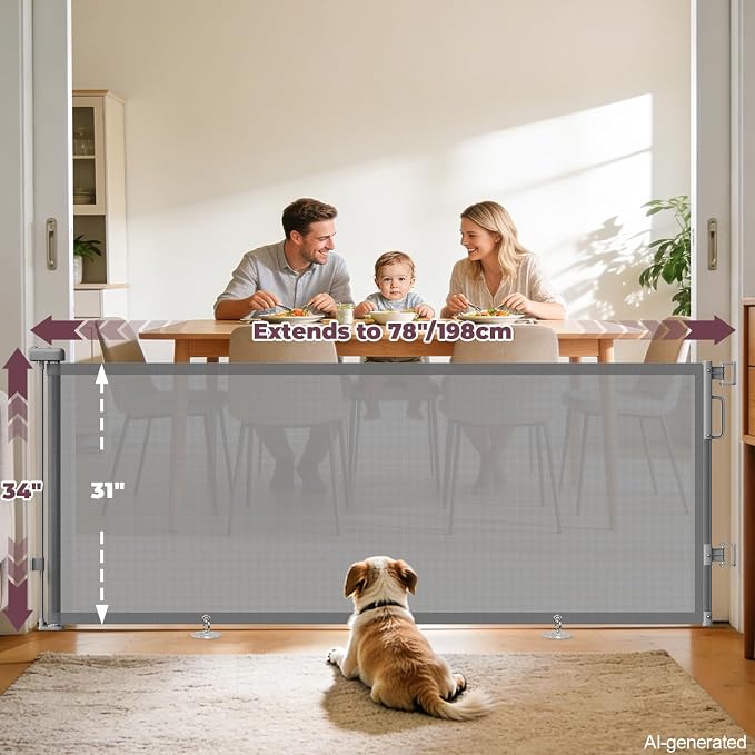 78" Retractable Extra Wide Baby Gates for Stairs, Long Mesh Dog Gate | Indoor Outdoor Pet Gate for Large Openings, Ideal for Doorways Hallways Kitchens Decks & Porches, 34" Height, Gray