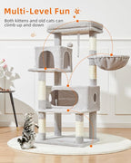 Taoqimiao Cat Tree, 49In Cat Tower for Indoor Cats Large Adult | 2 Luxurious Cat Condos, Thick Padded Top Perch, Adjustable Hanging Baskets, 5 Scratching Sisal Posts, Light Gray MS029LW