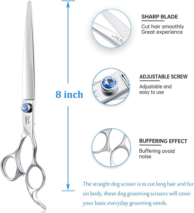 JASON Dog Grooming Scissors Shears - 8" Straight Long Pets Trimming Kit | Premium Cats Shear with Offset Handle and a Jewelled Screw, Sharp Comfortable, Gift