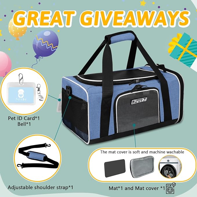 Petskd Small Pet Carrier 17" L x 11" W x 9.5" H Airline Approved, Blue | for Alaska Airlines, Lockable Safety Zippers and Anti-Scratch Mesh, Pets Under 10 lbs