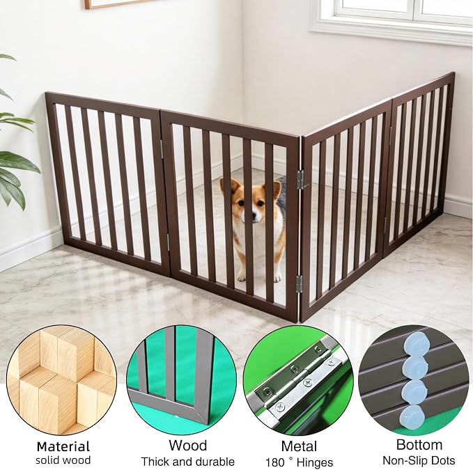 Dog Gate Indoor, Freestanding Dog Fence for The House, Doorways, Hallways,or Stairs,Pet Gate Foldable Wooden,Expandable 24" Height 4 Panels,Brown