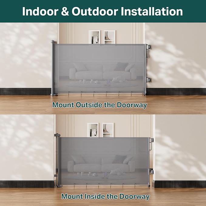 Cumbor 27-40" Retractable Baby Gates for Stairs & Doorways, Indoor Outdoor | Hardware Mounted Mesh Dog & Pet Gate, Easy Walk Through, One-Hand Operation, Anti-Crawl Adjustable Safety Gate for Dog, Grey