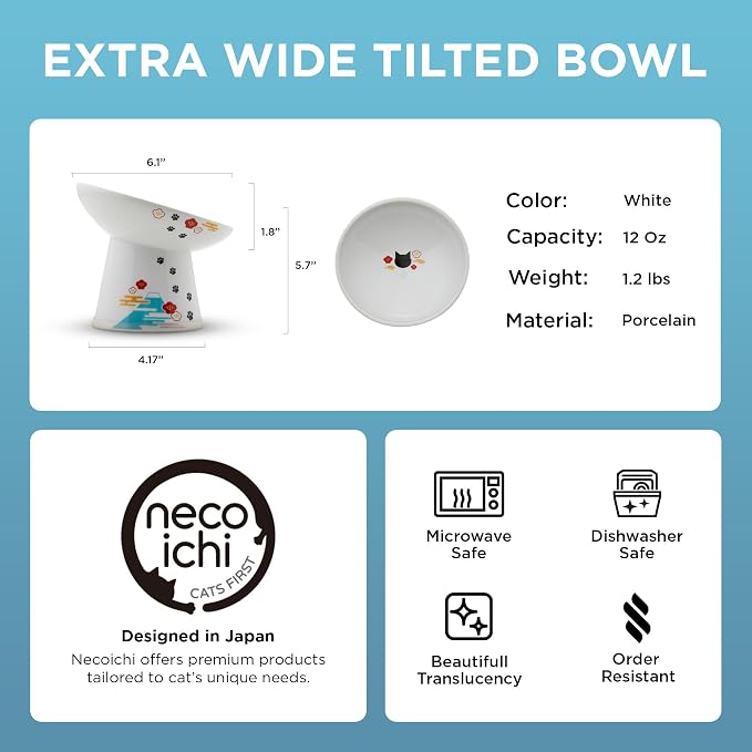 Necoichi Ceramic Raised Cat Food Bowl, 15° Tilted (Fuji, Extra Wide Tilted)