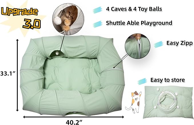 XxingSheep 4 Ways Shuttled XL Cat Tunnel Bed for Indoor Cats Peekaboo Cat Cave Donut with Cool Mat (Green)