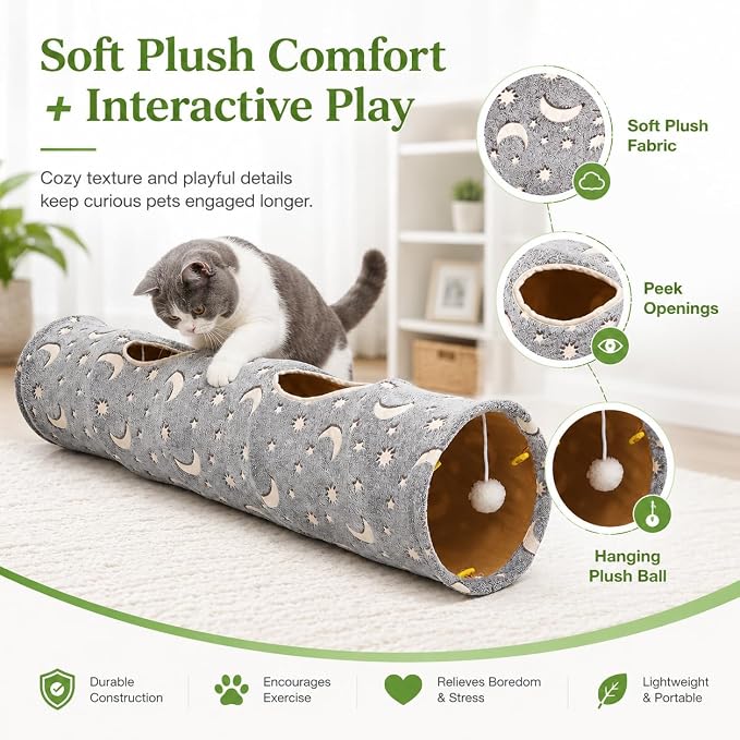 Cat Tunnel Tube with Plush Ball Toys Collapsible Self-Luminous Photoluminescence, for Small Animals Pets Bunny Rabbits, Kittens, Ferrets,Puppy and Dogs Grey Moon Star
